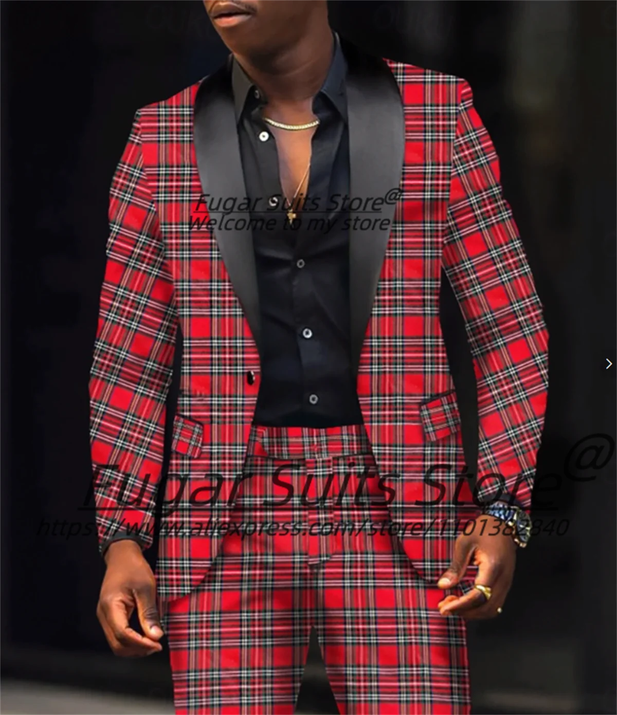 

English style Red Plaid Men Suits Slim Fit Shawl Lapel Groom Tuxedos 2 Pieces Sets Elegant Male Blazers Business Costume Homme