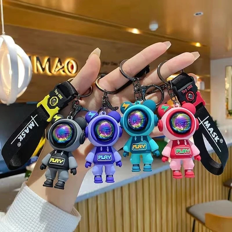 Colorful Astronaut Bears Key Chains Sweet Cute Animal Keyring Holder For Car Hanging Bag PVC Jewelry Accessories Gift For Womens