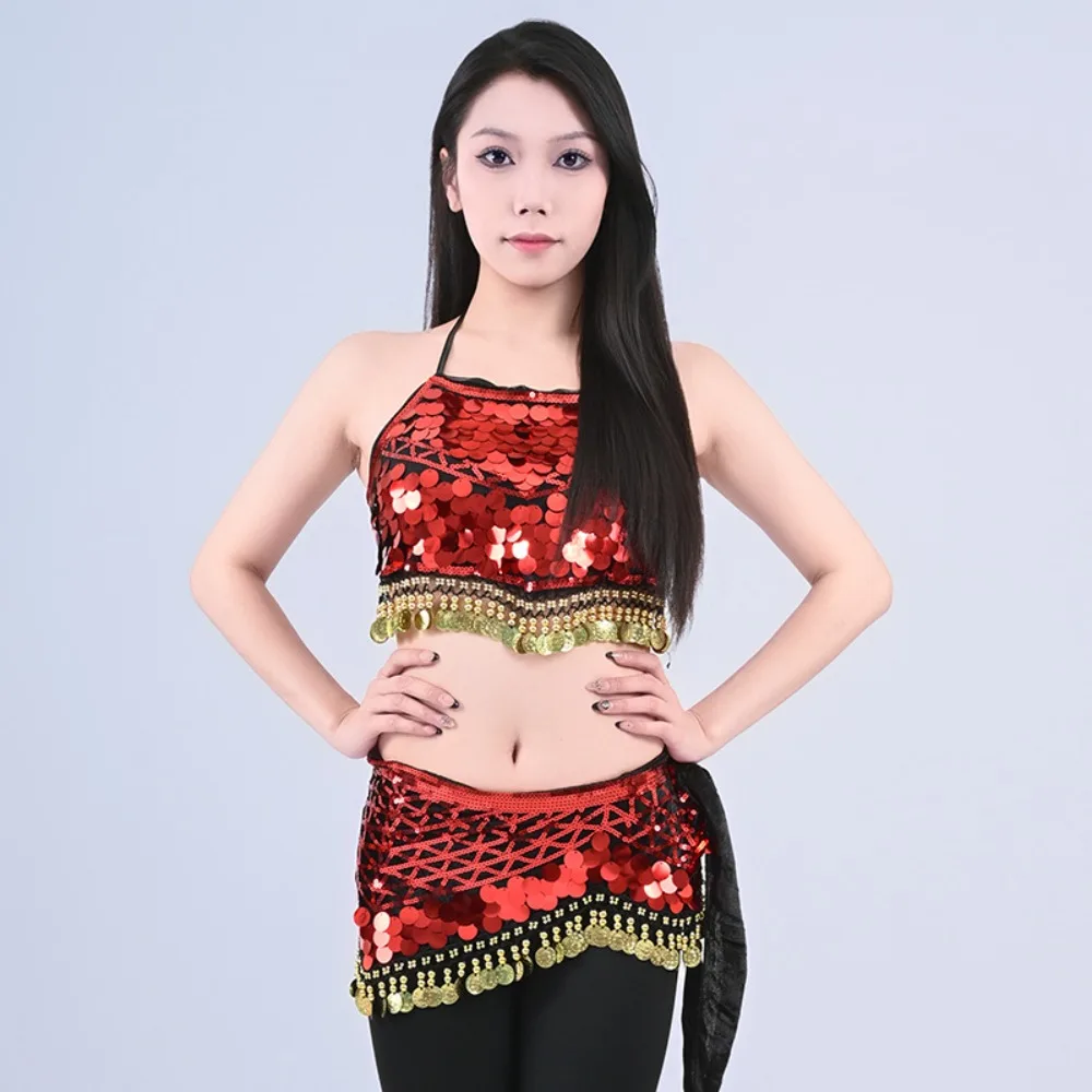 Stage Set! Belly Dance Costume with Waist Chain, Waist Accessories, Sequins Tassel Hip Scarf and Triangle Scarf Waist Scarf