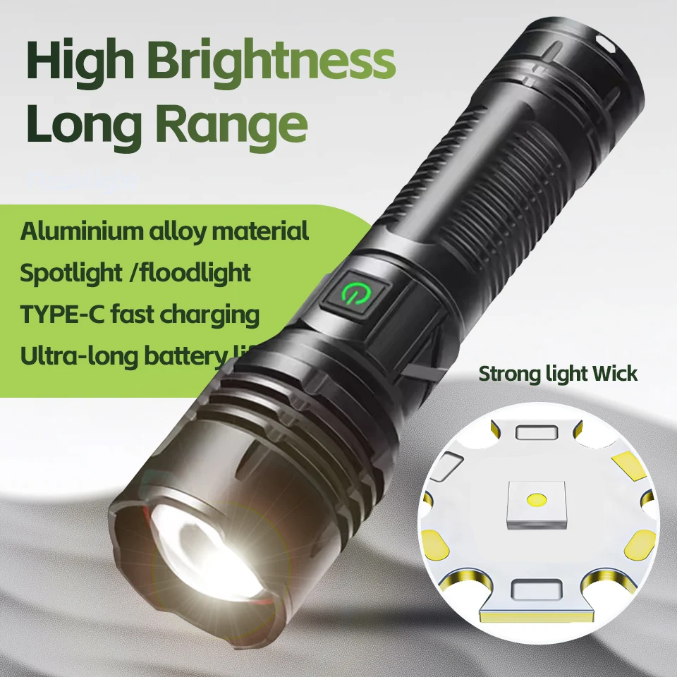 

High Power LED Flashlight Powerful Hand Lantern Ultra Long Range Spotlight Torch USB Rechargeable Waterproof Lamp For Outdoor