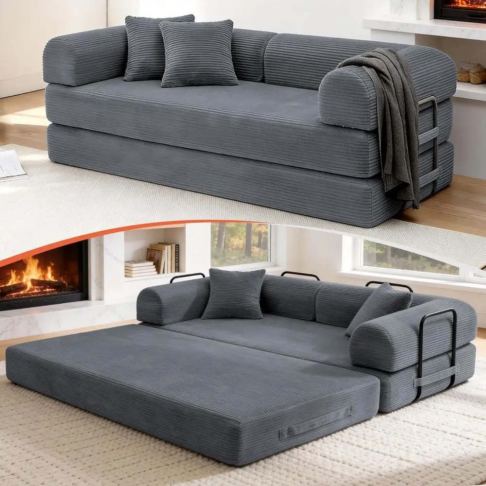 

79 Corduroy Sofa Bed, Convertible Sleeper Couch for Small Spaces, No Assembly Required, Grey