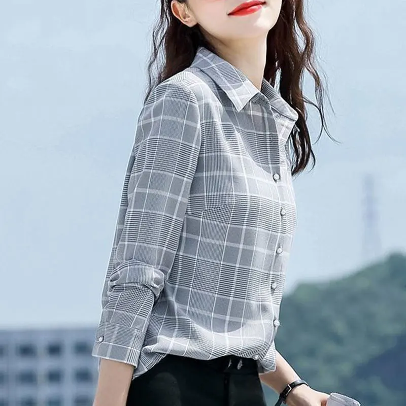 Women\'s New Style Fashion Simplicity Plaid Polo Collar Long Sleeve Shirts Women Clothes Casual All-match Elegant Temperament Top