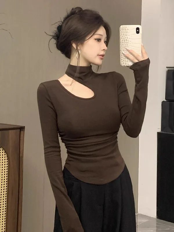 

Женская футболка больших размеров с вырезом на горловине и длинными рукавами, весенне-осенний стиль, облегающая, модная повседневная модель