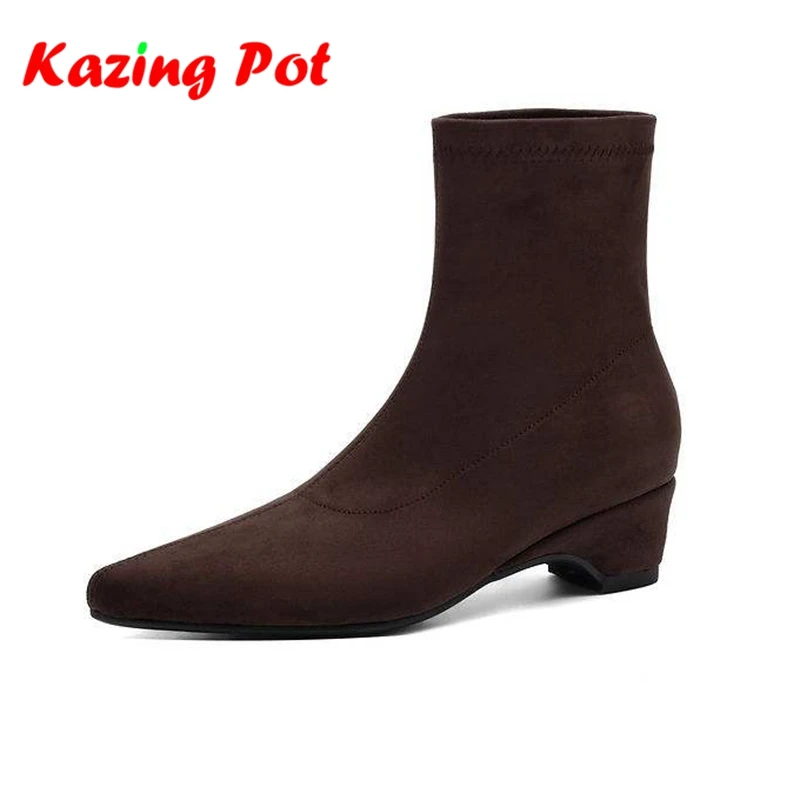 Krazing Pot 2027 Flock Pointed Toe Med Heels Modern Chelsea Boots Keep Warm Winter Shoes Street Wear Slip On Stretch Ankle Boots