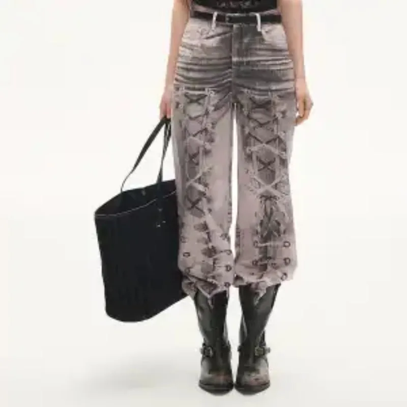 Vintage Wash Women Spring Digital Print Cross Strap Straight Leg Loose Denim Jeans Casual Streetwear S-3XL