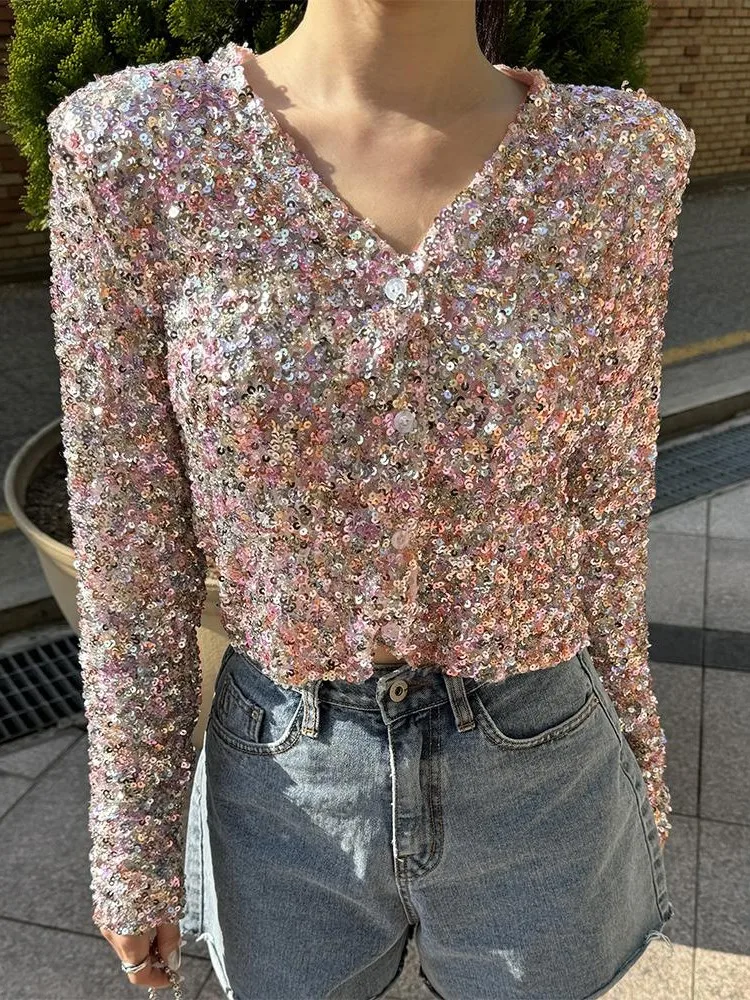 Y2K المرأة بلايز كم طويل سليم تي شيرت مجسم الربيع بريق الترتر البريق قميص الحفلات أنيقة الخامس الرقبة زر حتى مكتب سترة