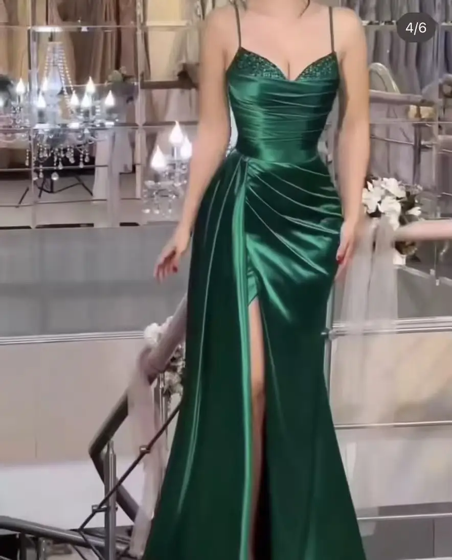 

Emerald Green Evening Dress Spaghetti Strap Beaded Side Split Prom Wedding Party Gown Satin Robes De Soirée Customized