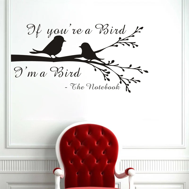 Romantic Couple Birds On Branch Vinyl Wall Sticker Elegant Cursive Love Quote Decal Mural For Home Living Room TV Wall Ornament