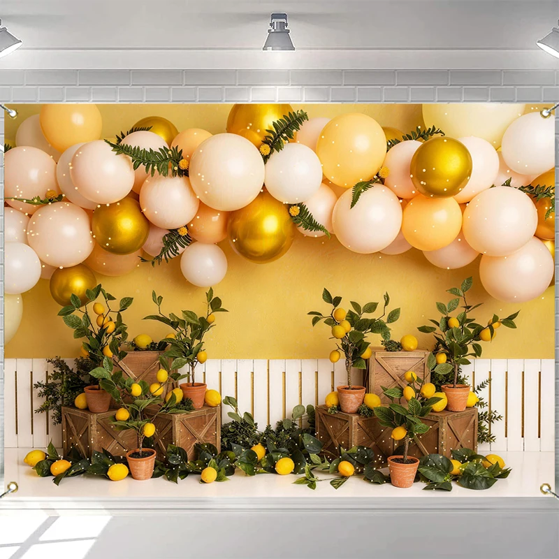 

LS Photography Backdrop Kids Birthday Party Baby Shower Cake Smash Photo Background Gold Balloons Summer Lemon Fence Decor Props