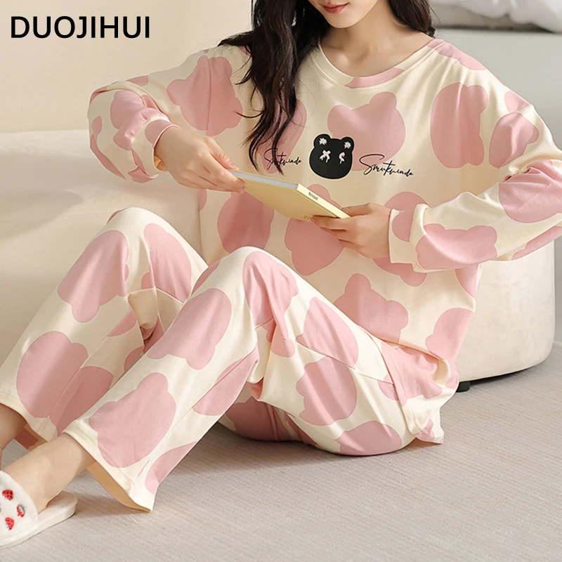 DUOJIHUI Spell Color Simple Printed Pajamas for Women with Chest Pad Pullover Basic Loose Pant Fashion Autumn Female Pajamas Set