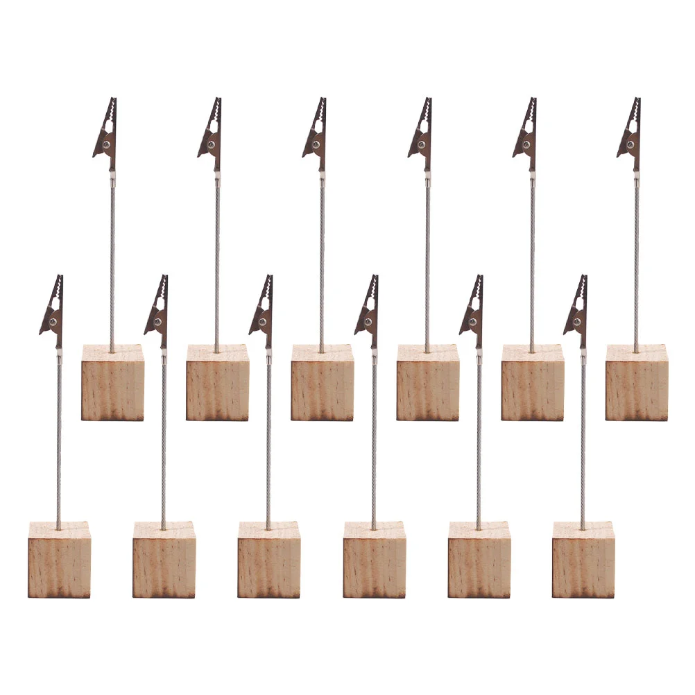 12 Pcs Table Number Stands Business Card Holder Picture Note Clip Holders Memorandum Beige Wooden