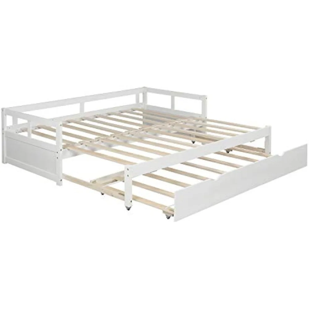 Espreguiçadeira extensível com camas de rodízio, estrutura de sofá de madeira com rodízio removível, sofá de descanso estendendo com design twin to king para crianças e meninas