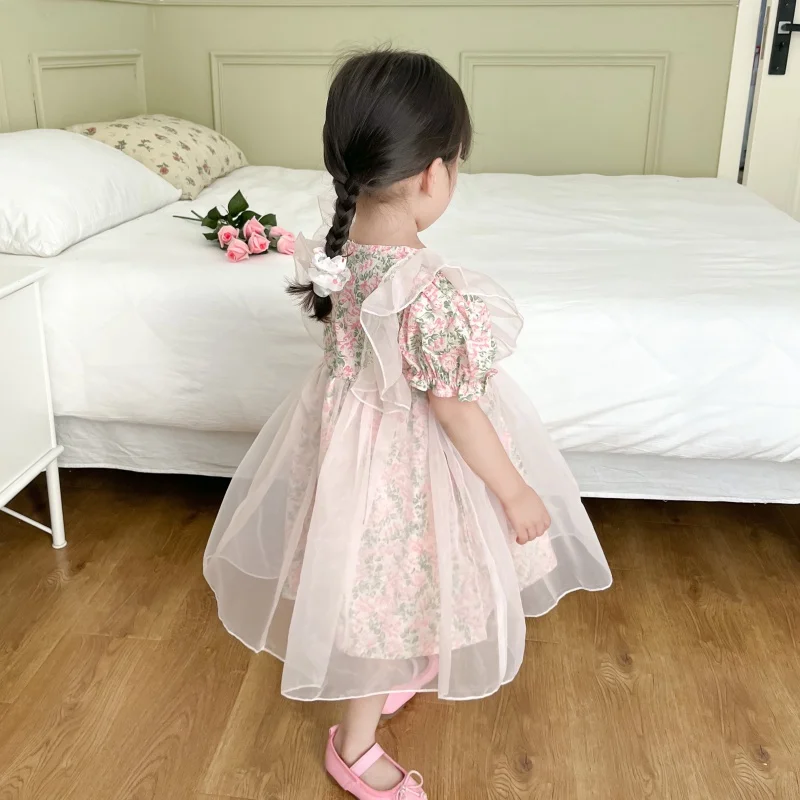 Faldas de manga abullonada para niñas, vestidos de princesa de encaje, faldas hinchadas para niñas, vestidos florales de verano, lindos vestidos de moda