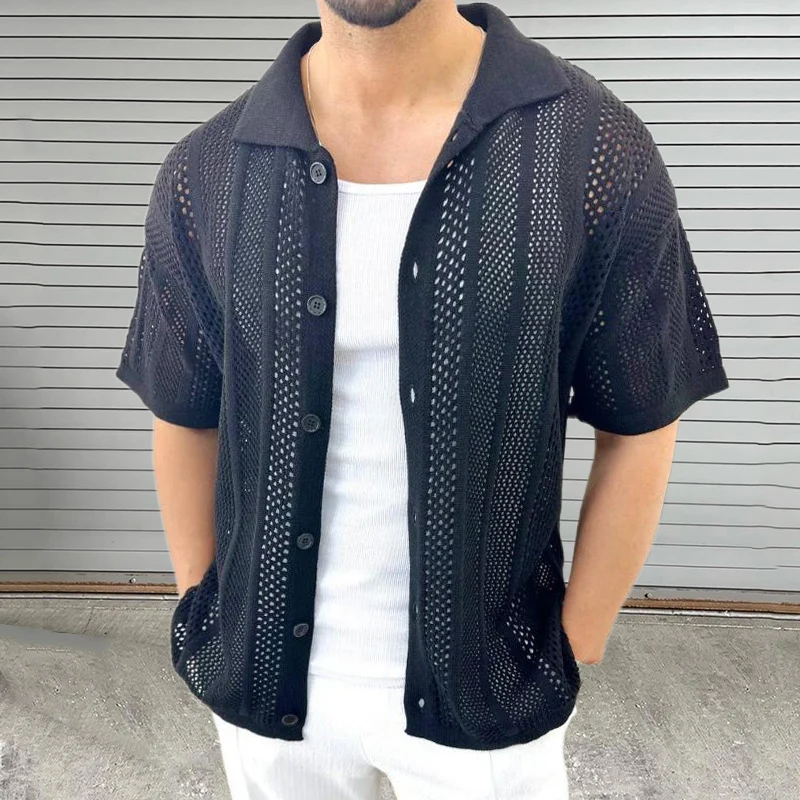 Beach Casual Breathable Hollow Out Shirt Men Knit Solid Color Buttoned Lapel Short Sleeve Knitted Cardigan Mens Shirts Summer