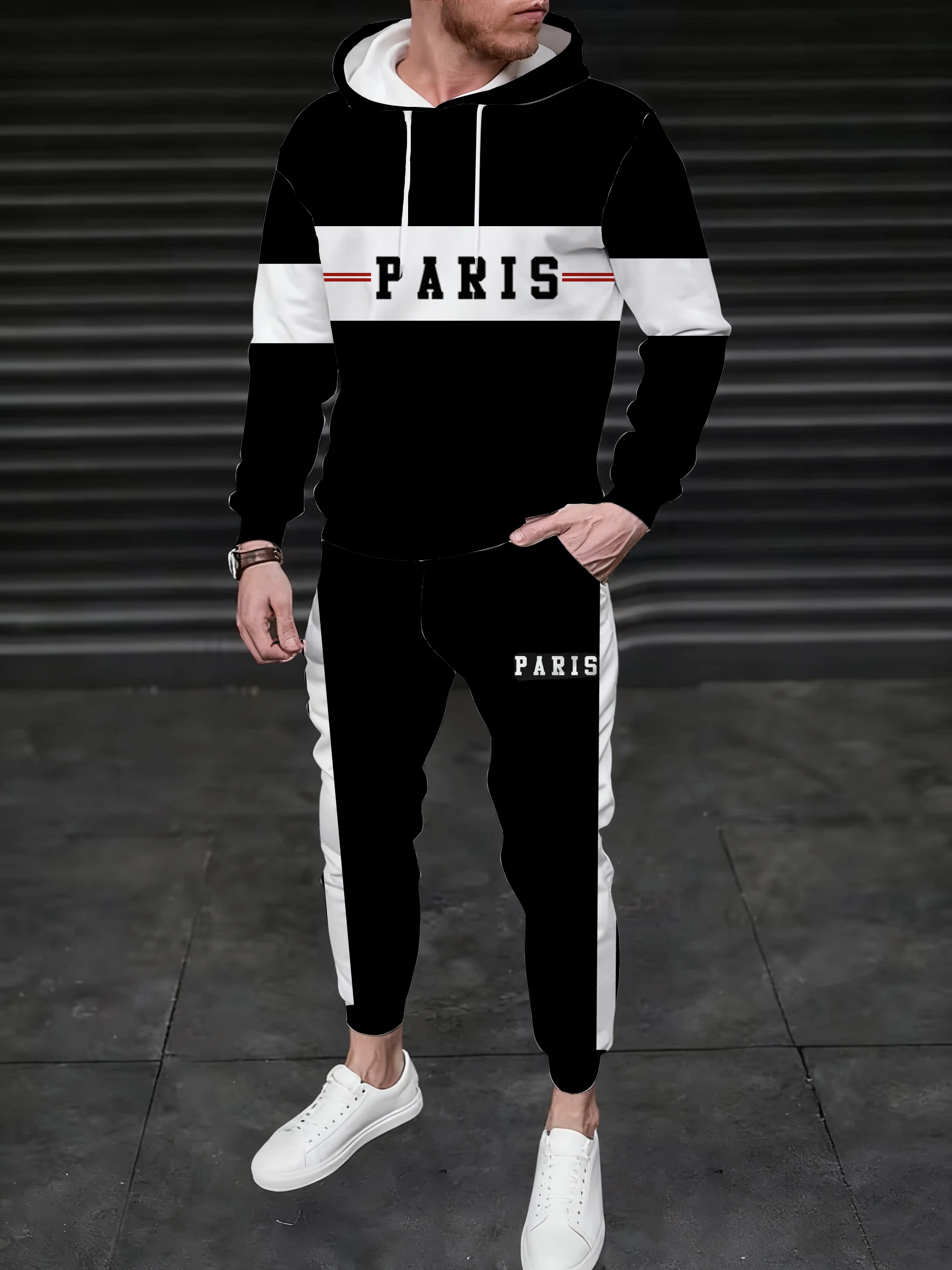 

A men's hooded sweatshirt paired with sweatpants, with stripes and the letters "PARIS", exudes a versatile street style