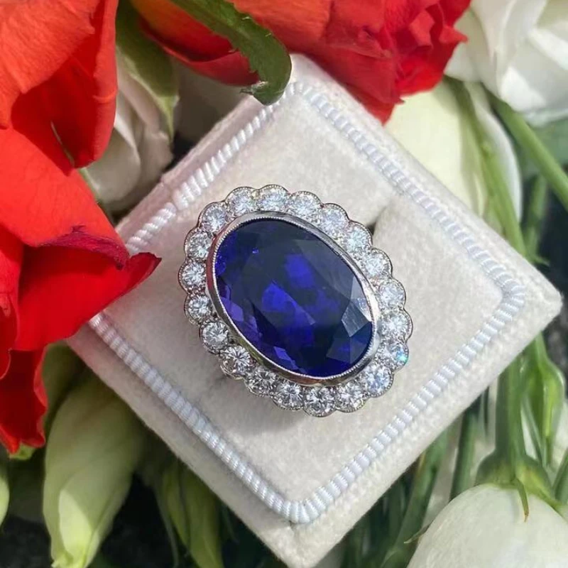 Luxurious Oversized Flower Oval Sapphire Full Diamond Ring Women's 925 Silver Valentine's Day Gift Jewelry Wholesale