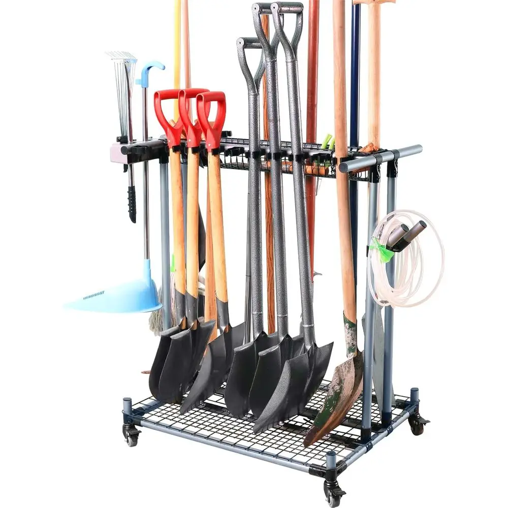 

Portable Heavy-Duty Garden Tool Organizer Rack with Wheels for Outdoor and Garage Storage