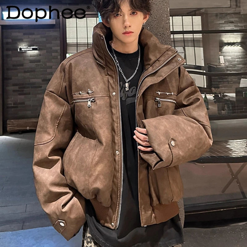 

Fashion Leather Parkas Men 2025 Winter New American Style Thickened Warm Stand Collar Coats Trend Loose Comfort Long Sleeve Tops