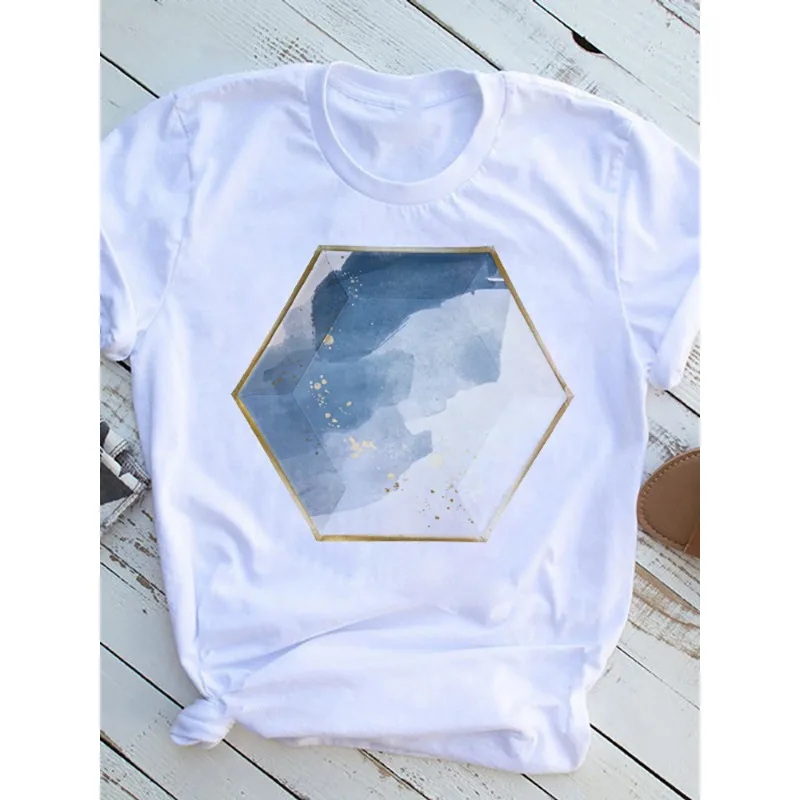 Fashion Large Size Geometric Pattern White Printed Large Size Women's Simple Loose Short Sleeve T-shirt Oversized T Shirt  Tops image 4