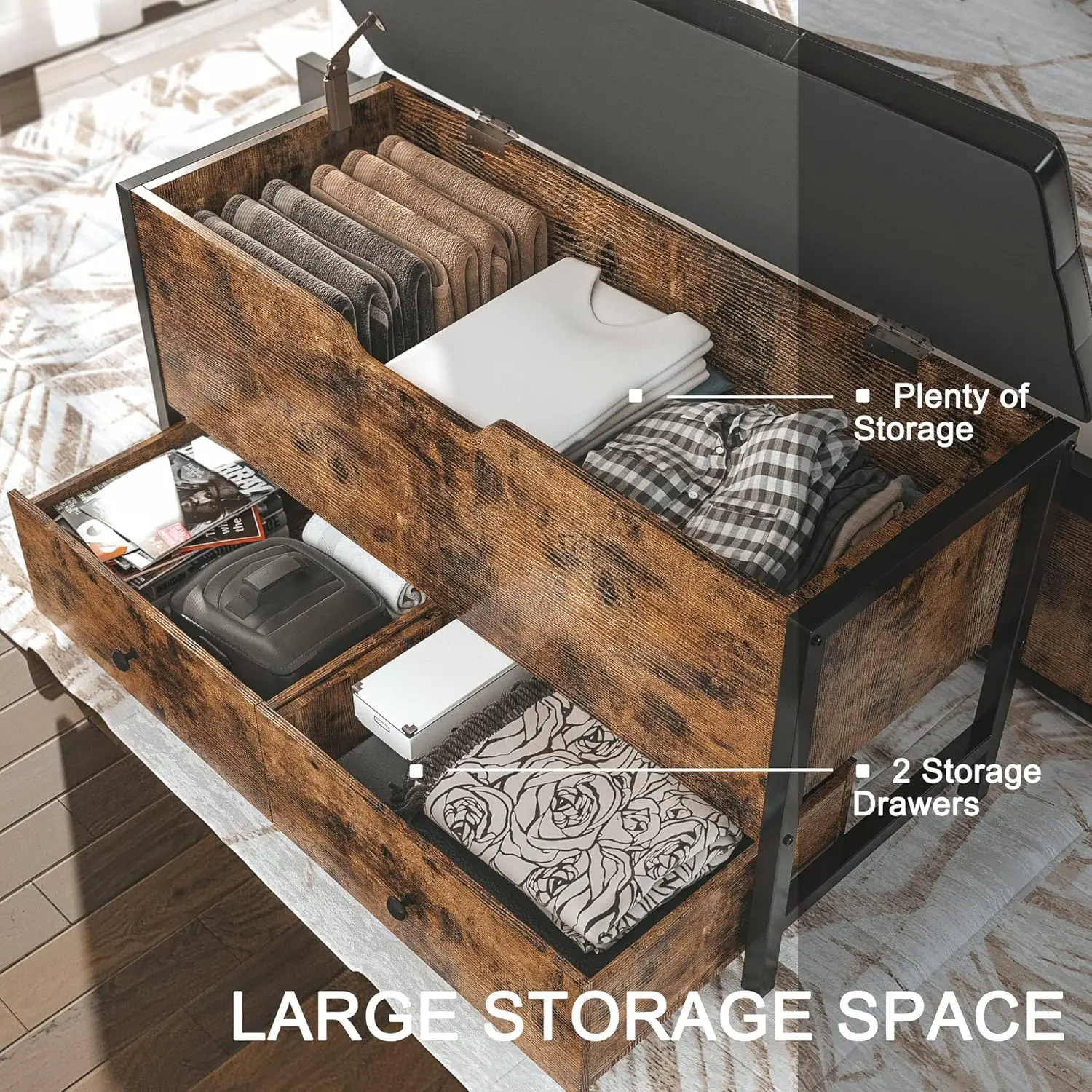 مقعد تخزين خشبي عتيق مع سطح قابل للطي وأدراج، يدعم 320 رطلاً لغرفة النوم أو غرفة المعيشة