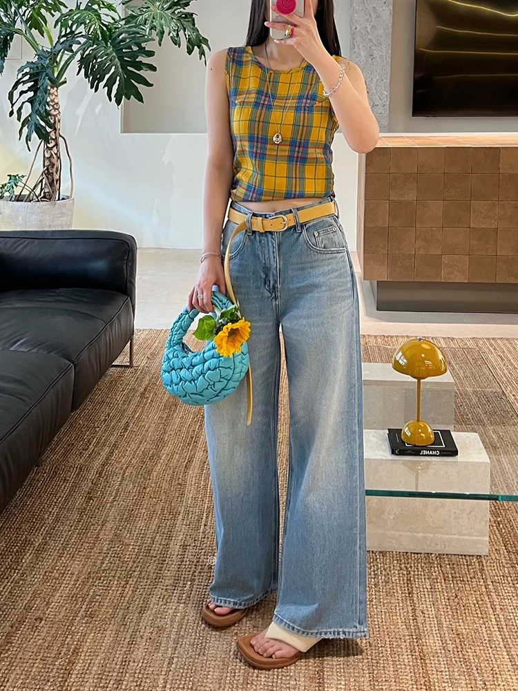 

Женские джинсы с высокой талией и широкими штанинами, весна 2026, светло-голубые, с поясом, прямого кроя, удобные, эластичные, из хлопка, для повседневной носки