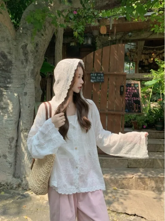

Korean Style Embroidered Hooded Shirt Women's Loose Long Sleeve Spring New Fashion Casual Top Sun Protection Trendy