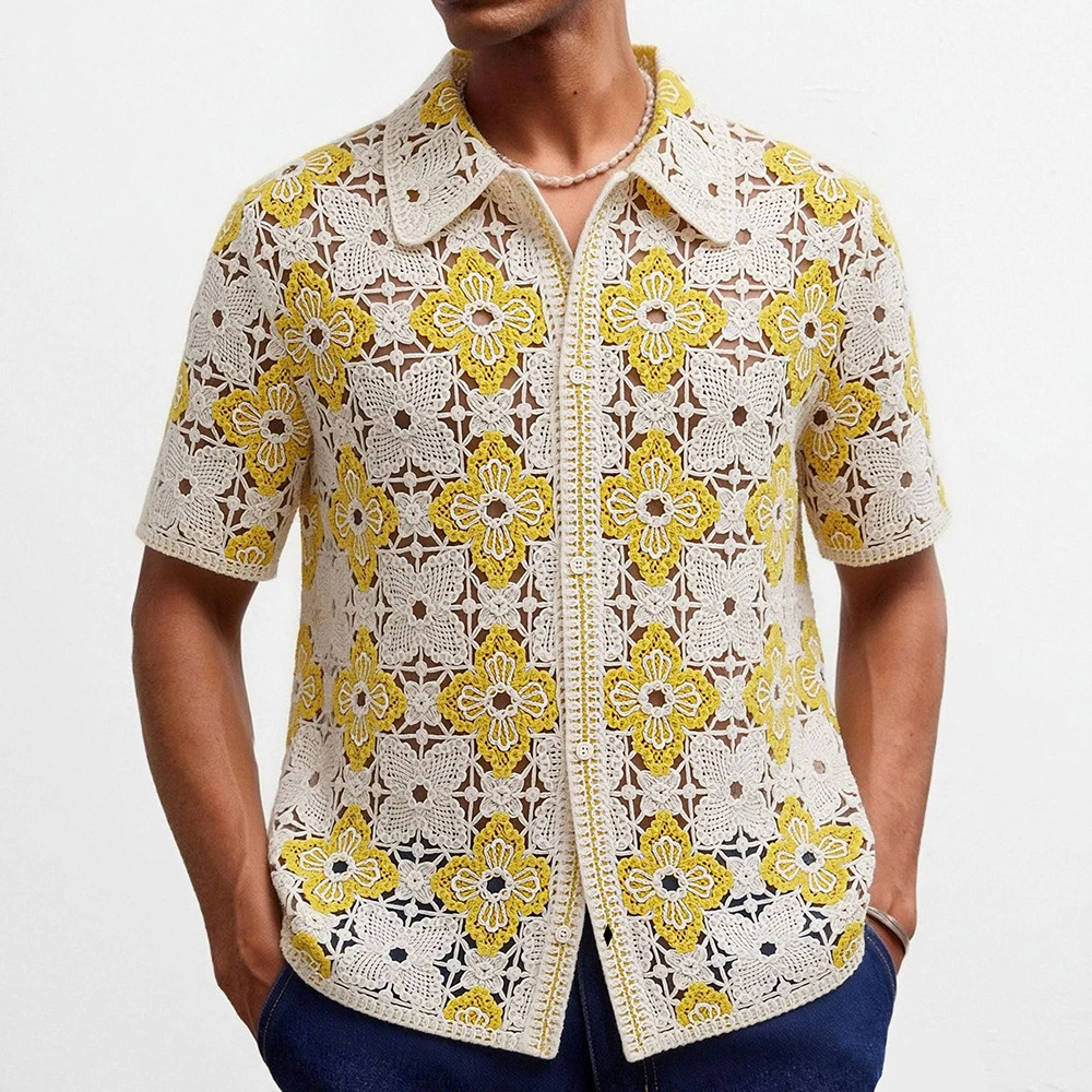 2026 Summer New Men's Hollow-Out Short-Sleeve Shirt American Retro Fashion Trendy Street Casual Loose Breathable Men's Top