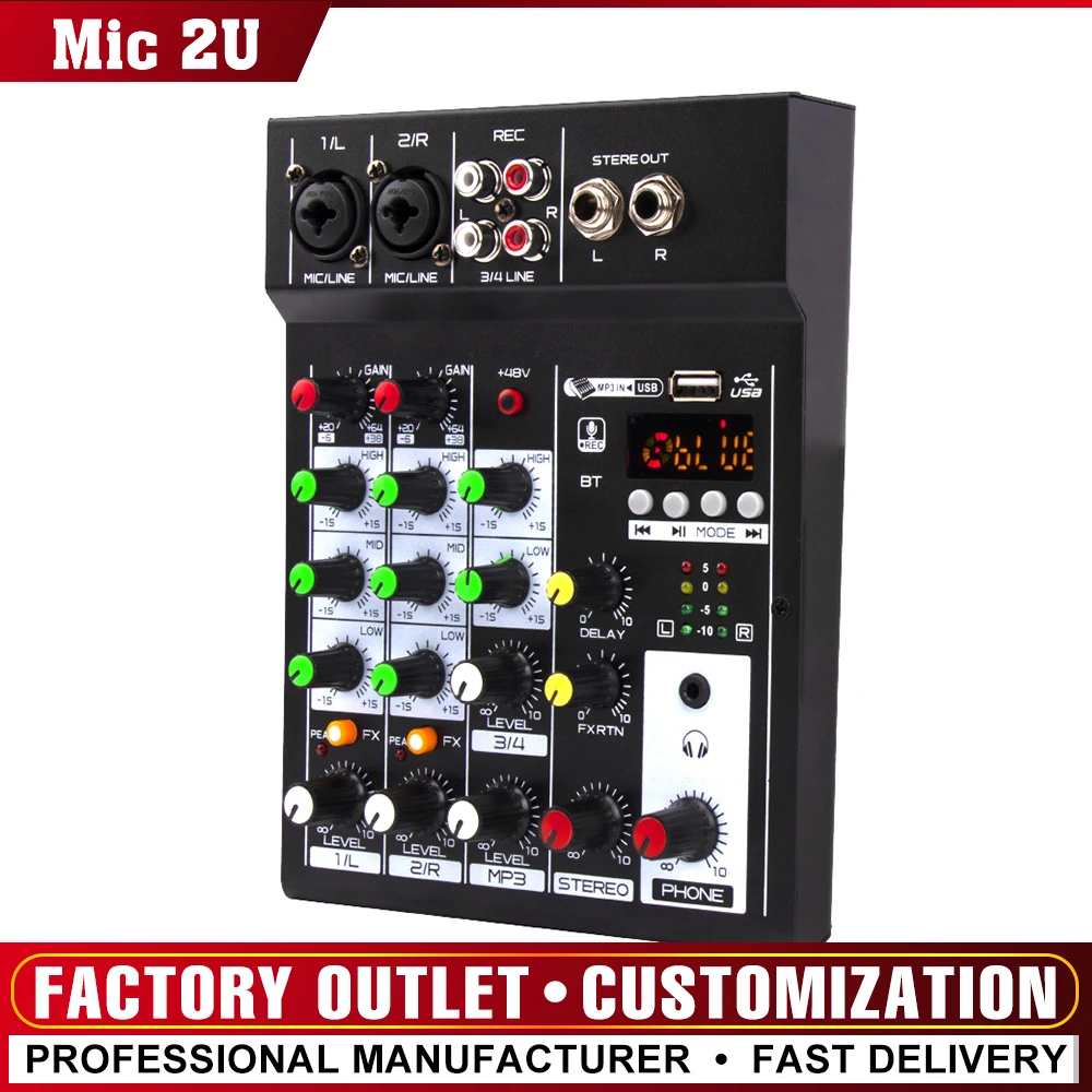 Mic 2U Portable 4 Channel Table Mixer MP3 playback BT console audio mixer Built-in reverb effect 3-band EQ DC 5V power supply