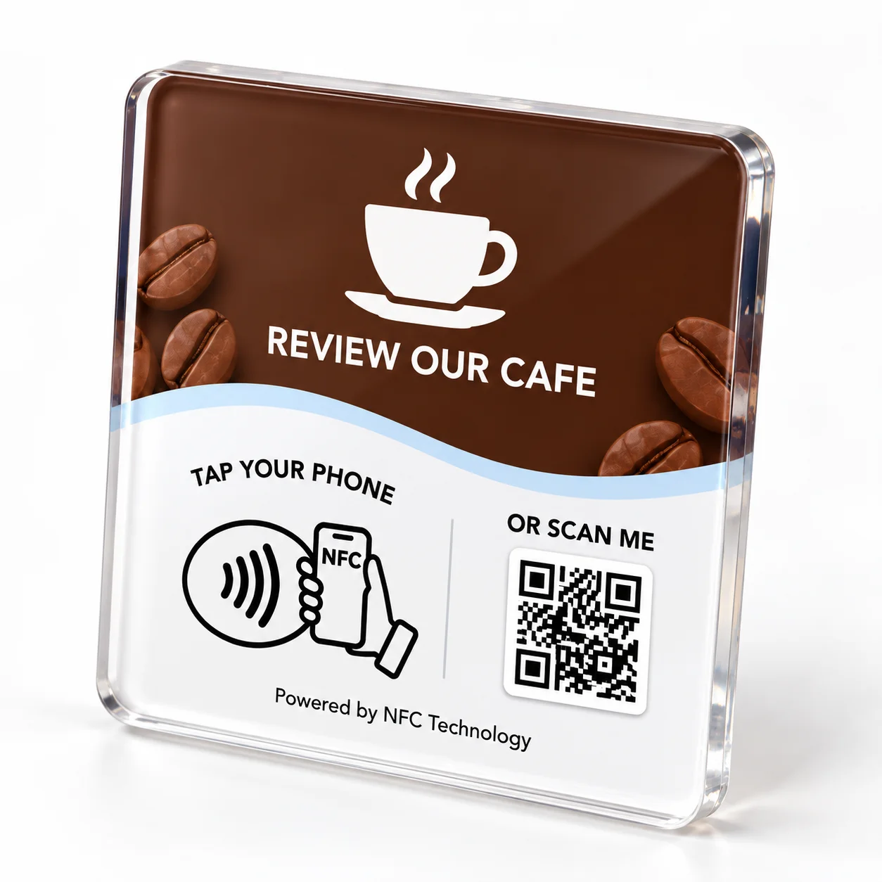 NFC 215 Google Review QR Code Stand Square Acrylic Programmable 13.56MHz NFC Table Sign for Retail Stores