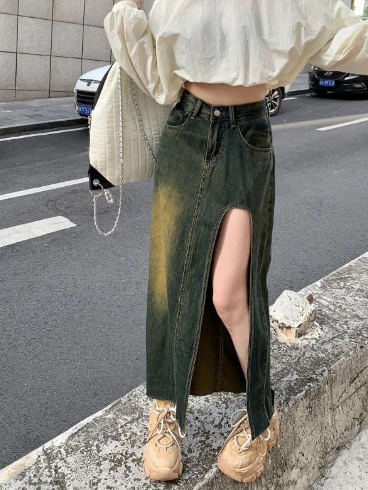 Streetwear Vintage Skirts for Women Forked Design Aesthetics High Waist Denim Long Skirt Plus Size Female Slim 2024 New Clothing