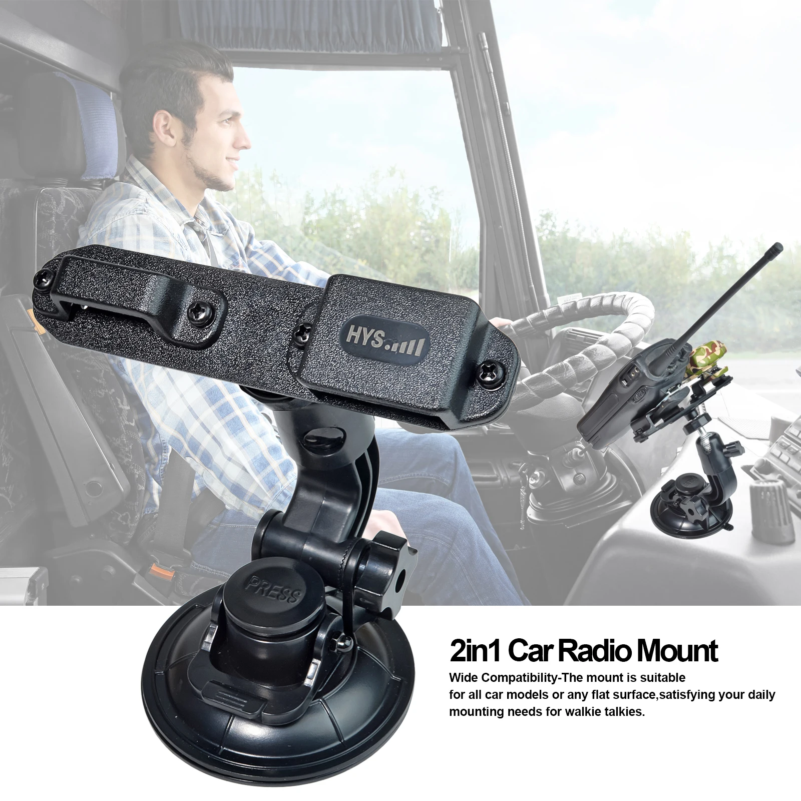 Car Suction Cup Walkie Talkie Holder Windshield&Dashboard W/Adjustable Ball and Suction Cup for 2-Way Radio / Mic with Belt Clip