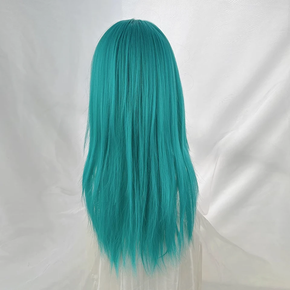 Peluca sintética larga y lacia color verde azulado con flequillo, para mujer, esponjosa y resistente al calor, para uso diario y fiestas 2