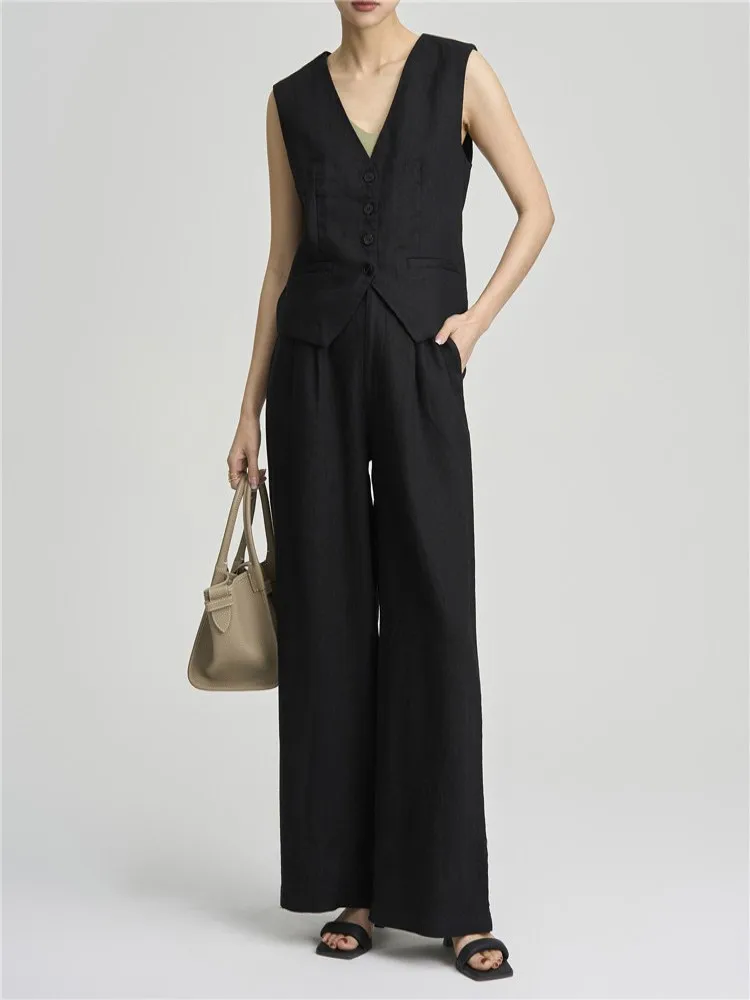2025 New Elegant Spring Summer Linen Sets Loose Fit Breathable Cool Sleeveless Wide Leg Pant Outfits Casual Two Piece Vest Set