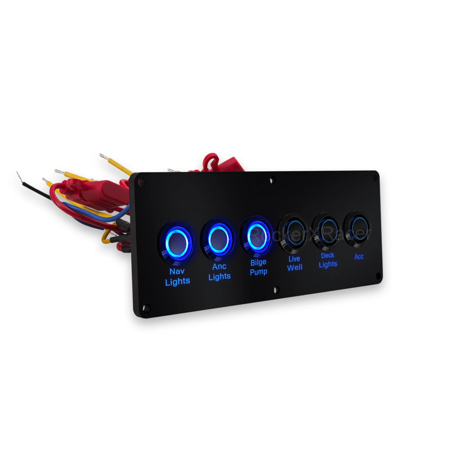 12V Marine Switch Panel 6-Button Waterproof Boat Acrylic Dash Blue LED for Nav Anc Deck Lights Bilge Pump ACC Live Well