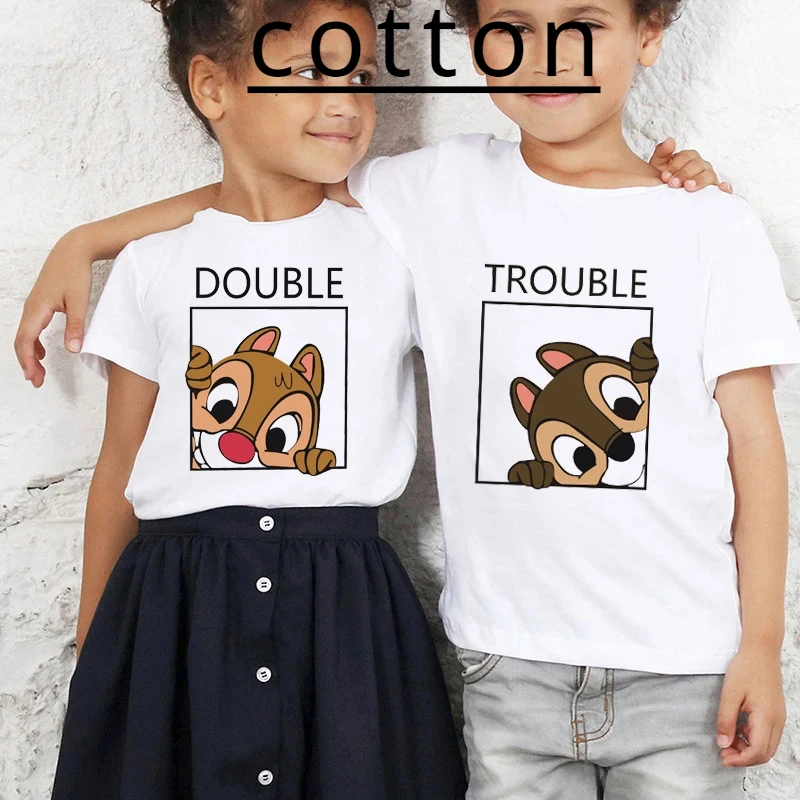 Chip and Dale Disney Kids Cotton Tshirts Cartoon Double Trouble Letter Summer Twins Tops Tees Boy Girl Best Friends Baby Clothes