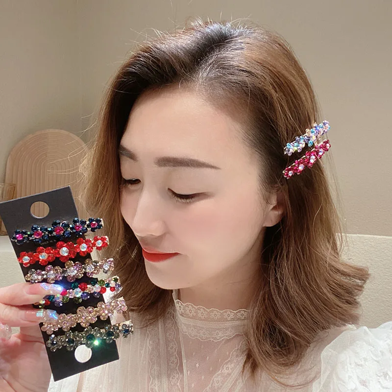 New Fashion Korean Style Alloy Crystal Flowers Duckbill Clip For Girl Women Shining Elegant Side Barrettes Edge Clip Hairpins