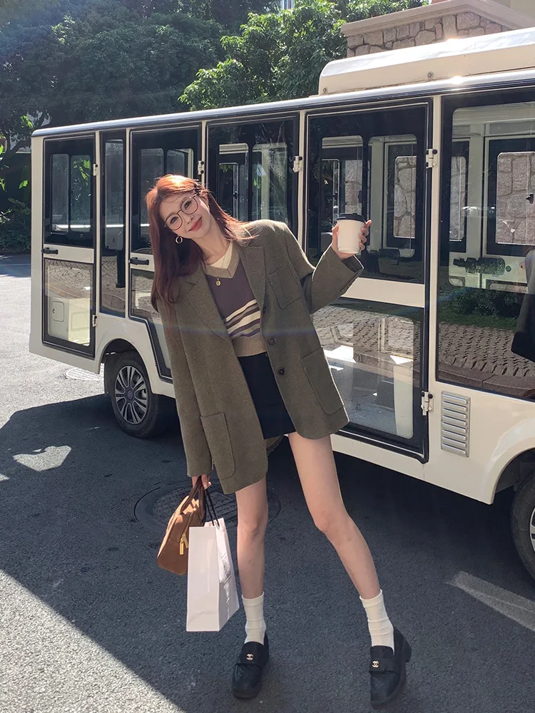 

LingLai ретро хлопковый шерстяной костюм тюре женский свободный крой осень-зима элитное повседневное деловое пальто в клетку с рисунком в клетку