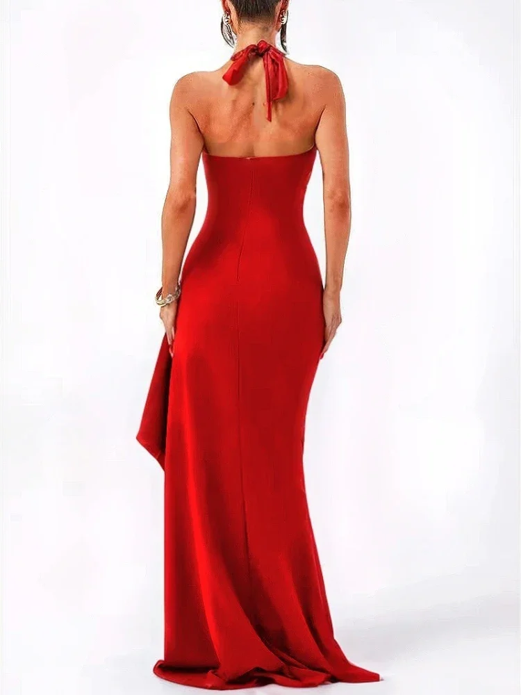 봄 홀터넥 맥시 이브닝 드레스 여름 신상 여성 딥 V넥 레이스업 드레스 패션 섹시 백리스 슬릿 솔리드 포멀 가운