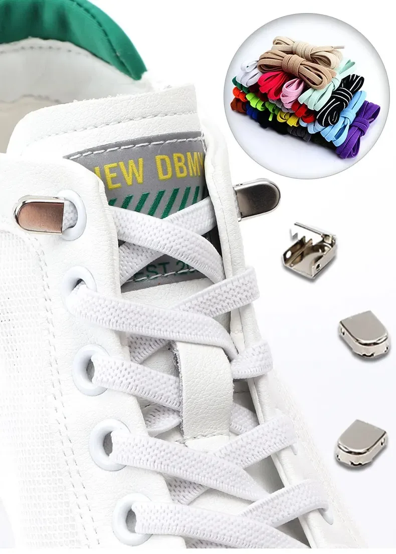 1 Paar flache Schnürsenkel für Turnschuhe, elastische Schnürsenkel ohne Krawatten, drücken Sie die Metallverschluss, Lazy Shoes, Spitze, Gummiband-Zubehör – Detail 1