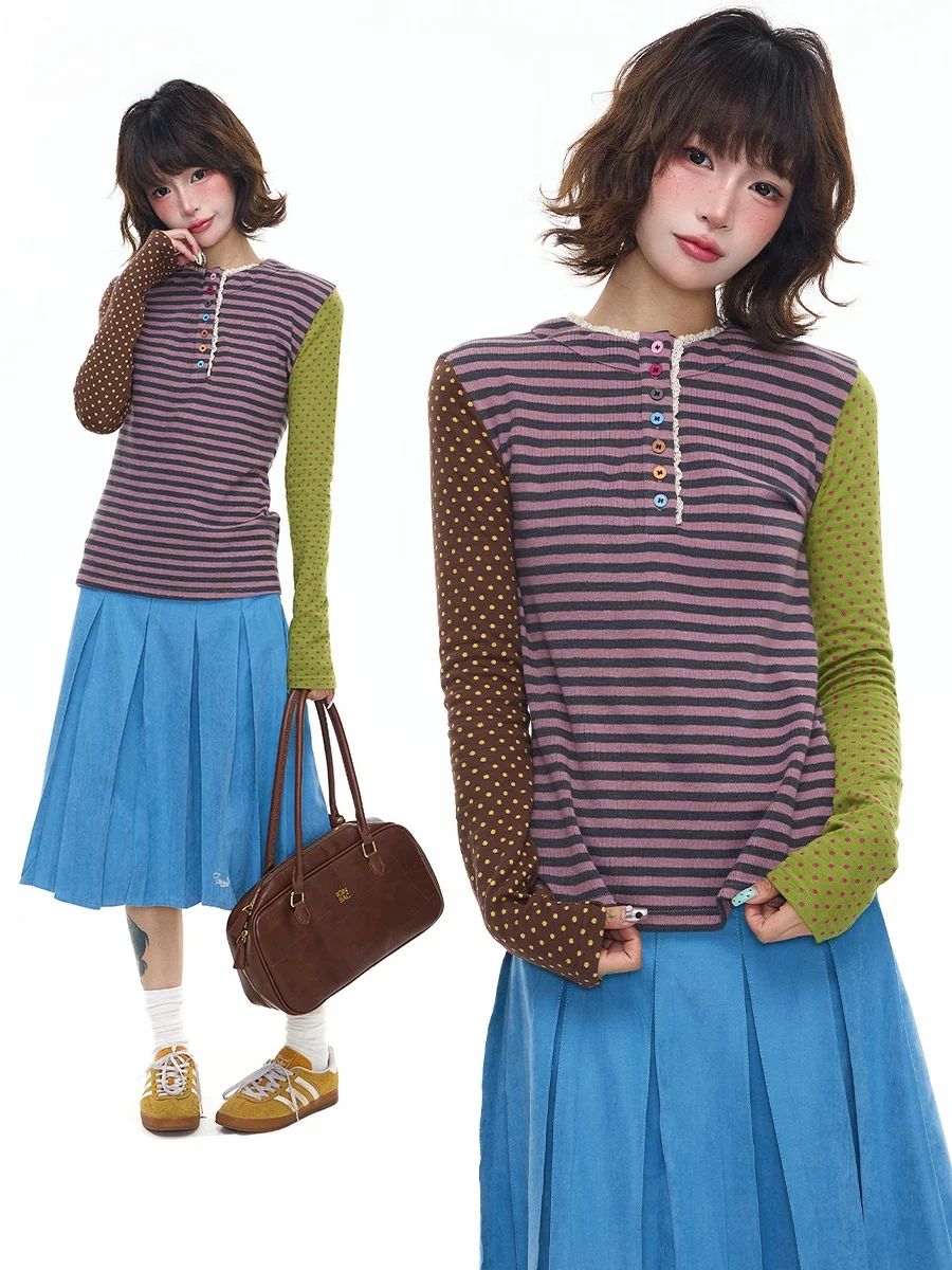 

Женская футболка Sanowers с длинным рукавом, облегающая, с кружевными вставками, в стиле колор-блок, в полоску, дышащая, комфортная