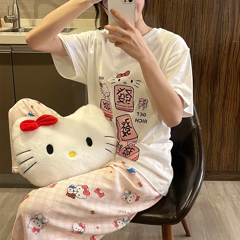

Пижамы Hello Kitty с героями мультфильмов, новые летние хлопковые брюки с короткими рукавами, комплект из двух предметов, повседневная женская домашняя одежда Hello Kitty