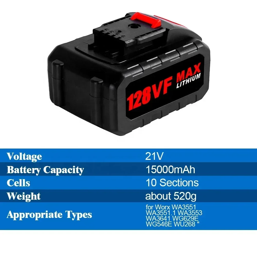 AgeVF-Batterie Lithium-Ion Rechargeable pour Worx, Outil Électrique, WA3551, WA3551.1, WA3553, WA3641, WG629E, WG546E, WU268, 15000mAh