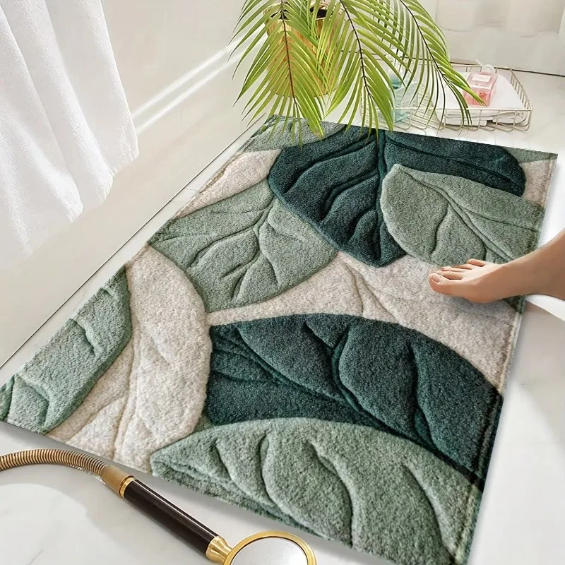 Alfombra  felpa con diseño de hojas verdes, alfombra  baño de fibra ultrafina, antideslizante,  secado rápido, dormit