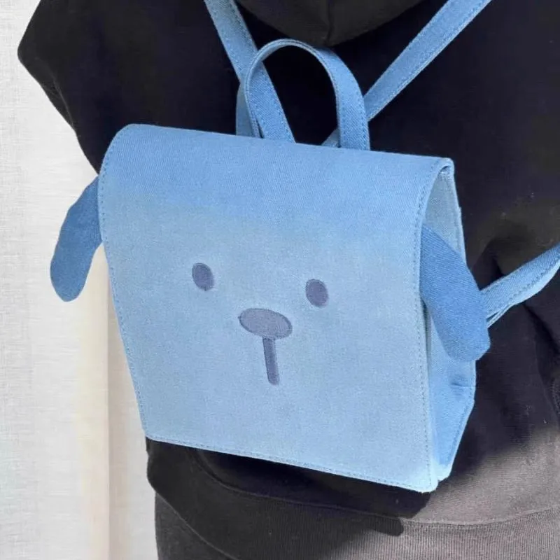 JIAERDI Zaino per cuccioli blu dolce e carino Zaino da donna in denim quadrato di grande capacità da donna Harajuku Zaino versatile per il pendolarismo quotidiano