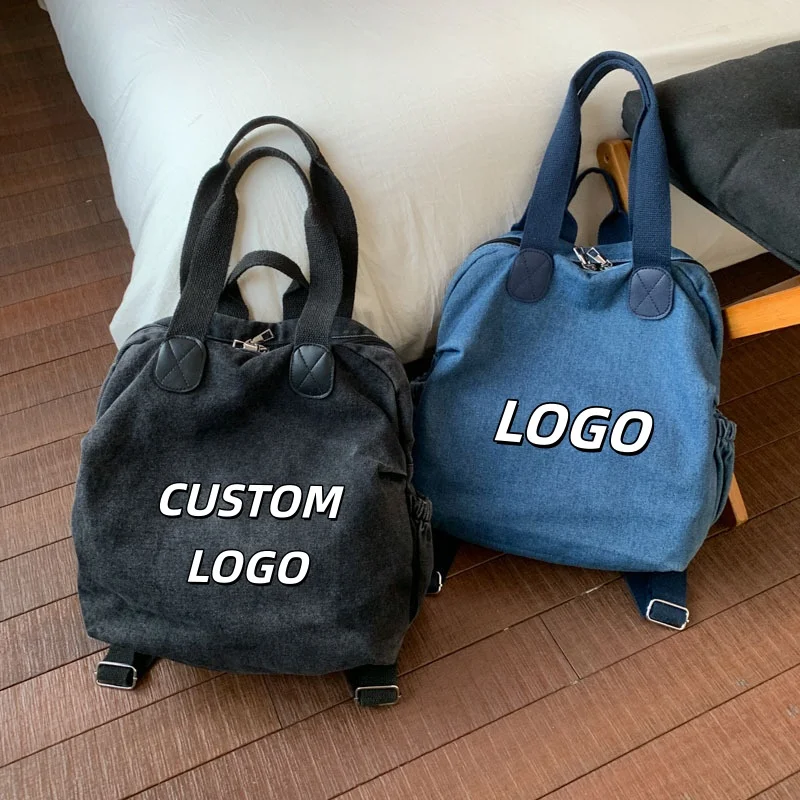 Custom Print Logo Denim Canvas Backpack Women Multi‑Purpose Handheld Dual‑Use Rucksack Casual Daily Travel School Shoulder Bag