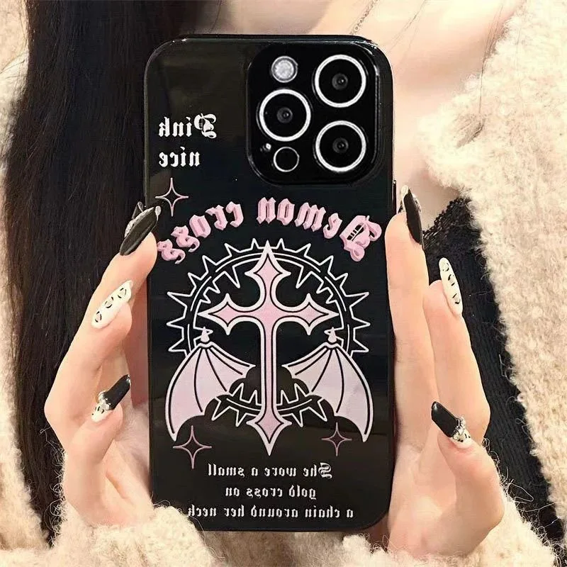 

Gothic Pink Black Demon Cross Bat Wings Phone Case For iPhone 17 16 15 14 Plus 13 12 11 Pro MAX 17 Air Black Glossy TPU Cover