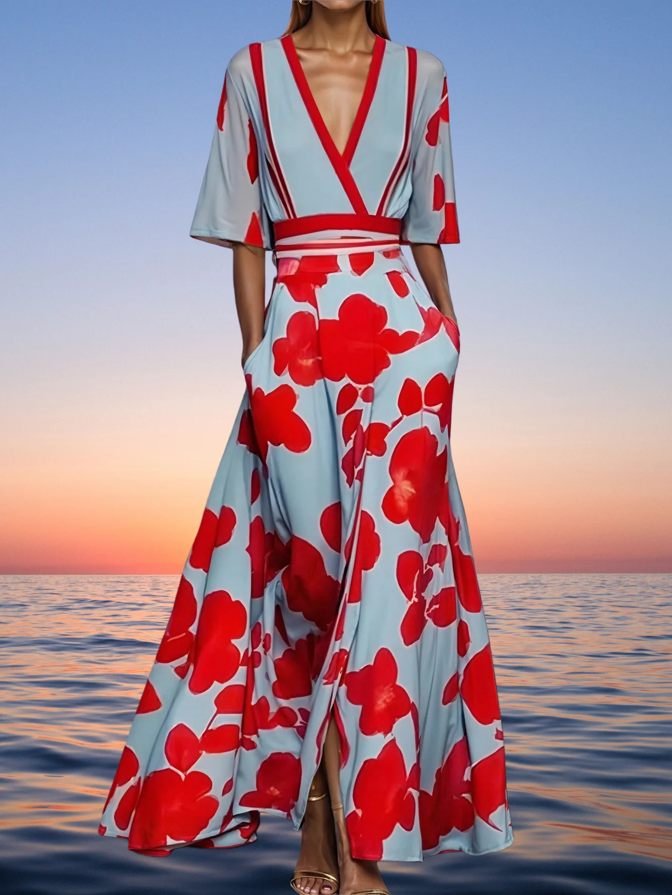 エレガントな女性用Vネックベルト付きボヘミアンロングドレス、花柄プリント半袖Aラインマキシドレス、ホリデーイブニングパーティーガウン、2025年春