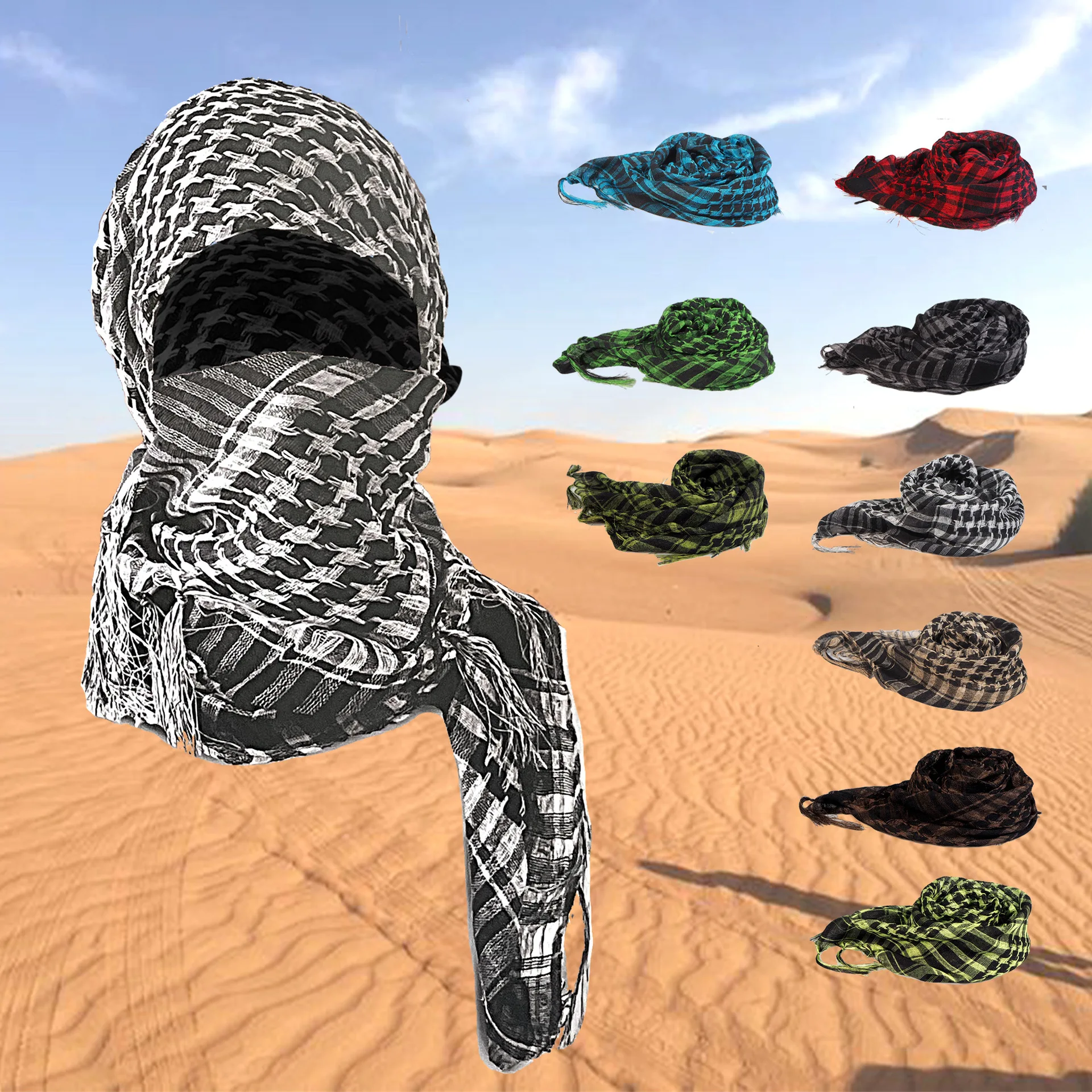 Houndstooth Tactical Shemagh Scarf for Men Women Tassel Square Head Wrap Neck Cover for Outdoor Hiking