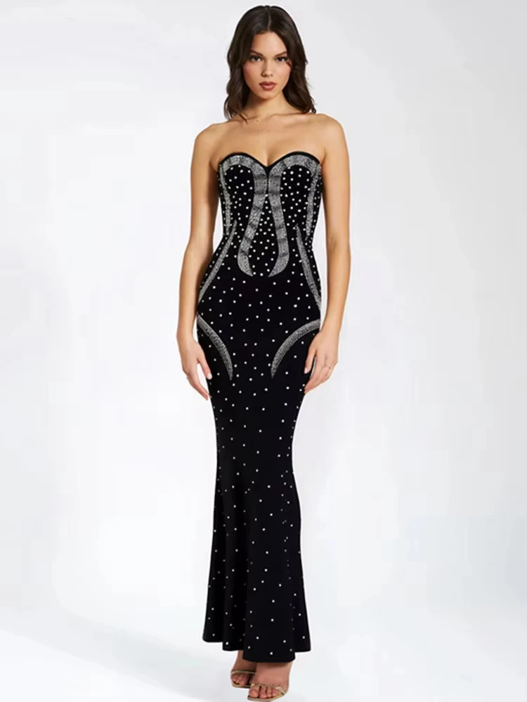 

2025 Luxury Women Sexy Strapless Beading Black Maxi Long Bodycon Bandage Dress Elegant Evening Club Party Dress