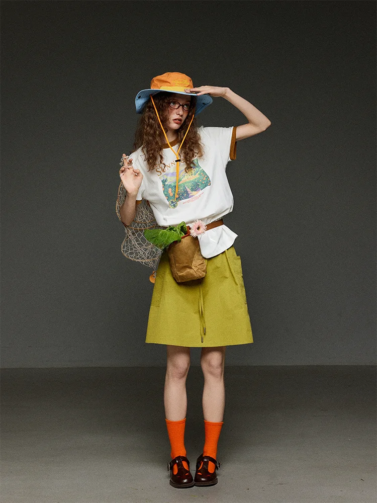 

TNIT Color Block Print Loose Short Sleeve T-Shirt Women's Casual Versatile Summer Top Creative Commute Style round Neck